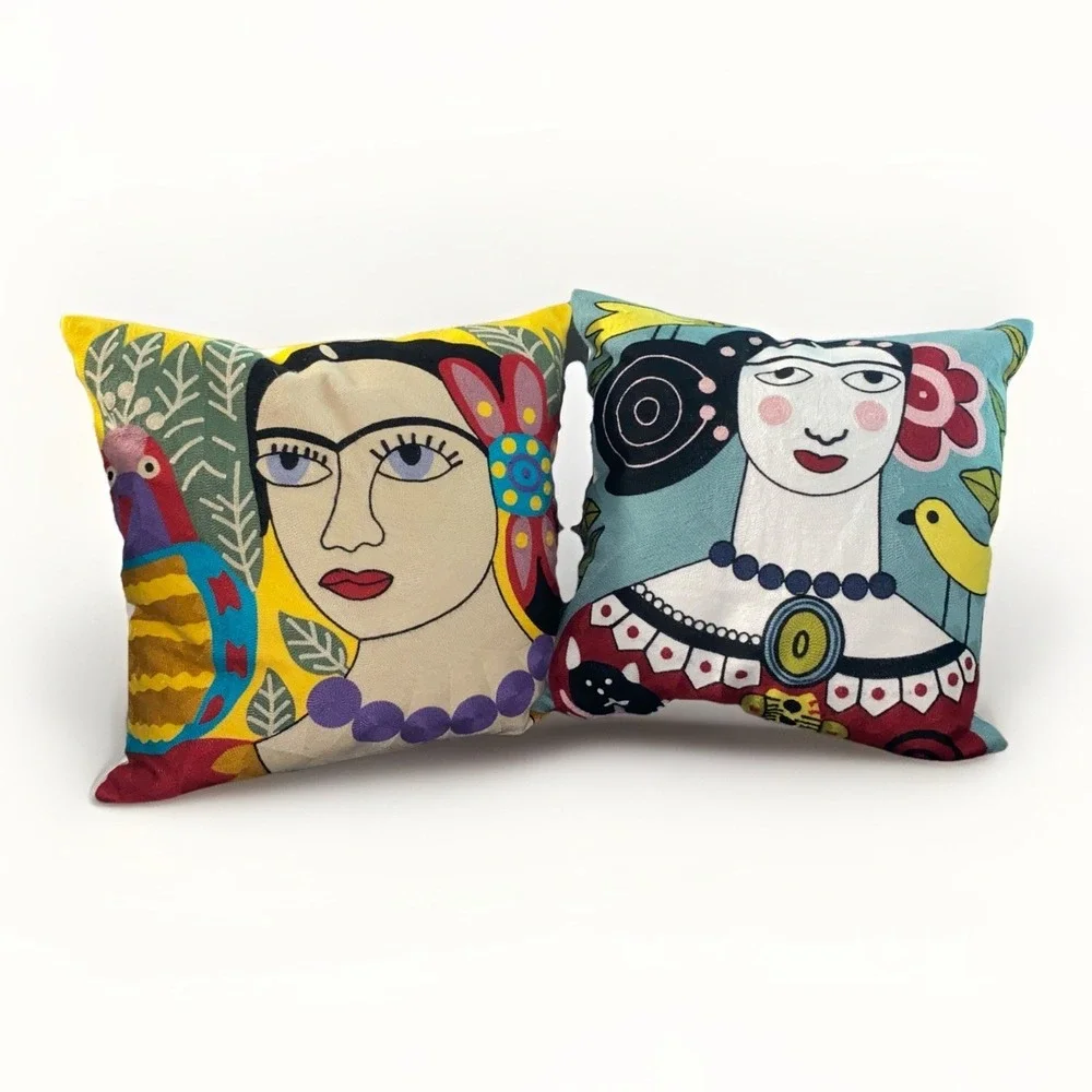 Set of 2 Frida Kahlo Embroidered Throw Pillow Down Feather 18 By 18 Pillows